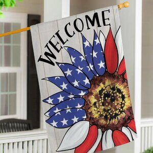 Patriotic Sunflower Burlap House Flag